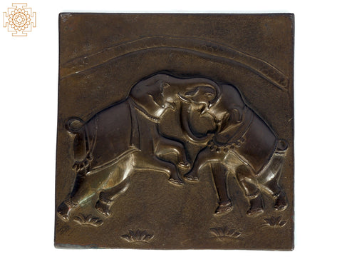 7" Two Fighting Elephants | Brass Wall Hanging Statue
