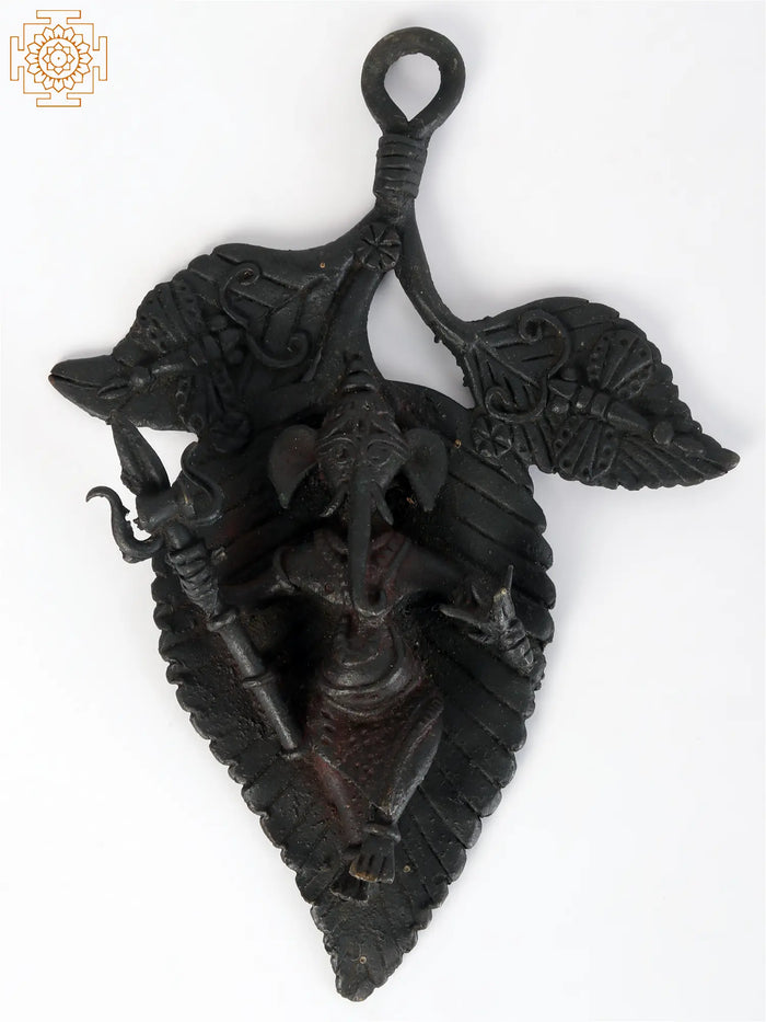 6" Tribal Dancing Ganesha on Peepal Leaf | Wall Hanging Brass Statue