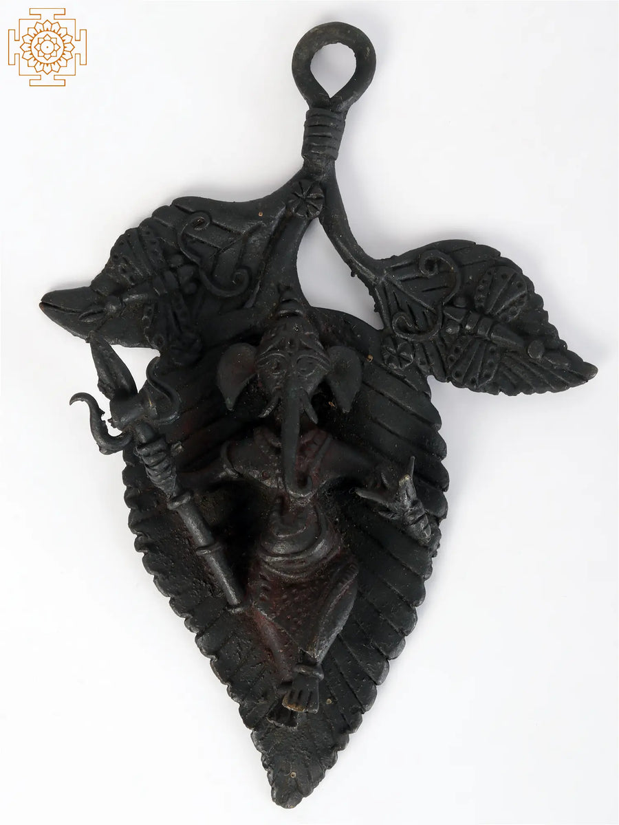 6" Tribal Dancing Ganesha on Peepal Leaf Brass Wall Hanging
