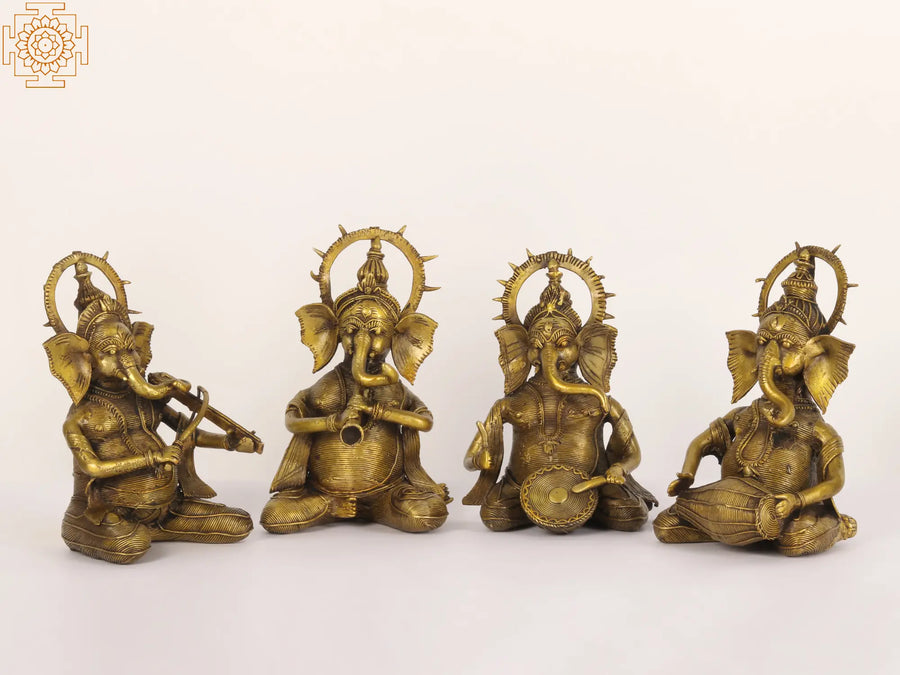 7" Tribal Musical Ganesha Brass Statue Set Handmade