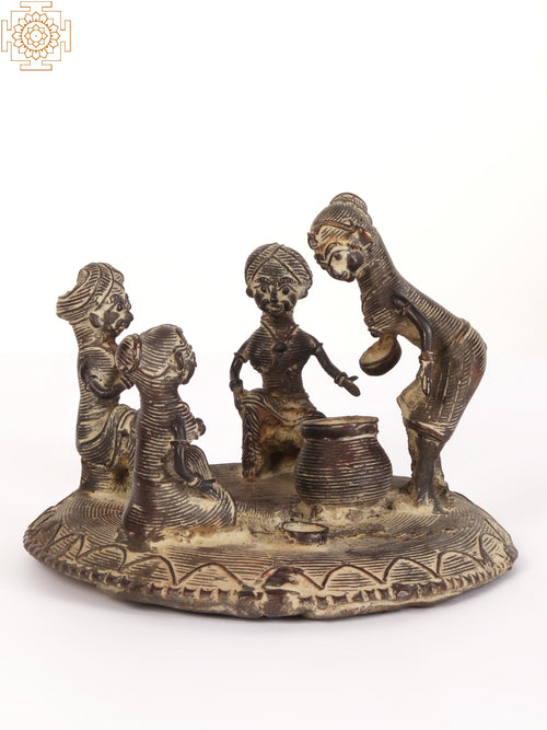 6" Community Meal Tribal Brass Statue