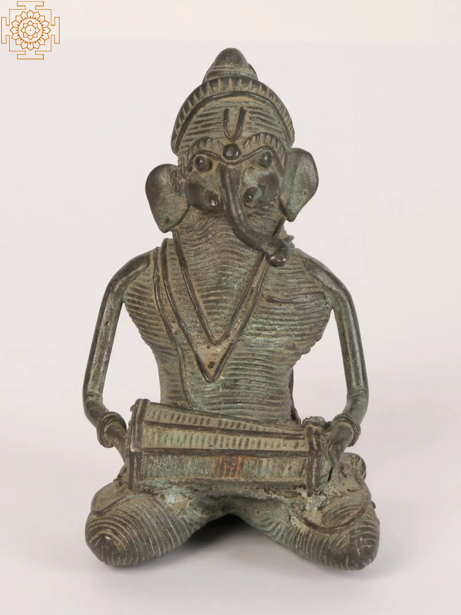 3" Small Tribal Ganesha Brass Statue Playing Dholak Handmade