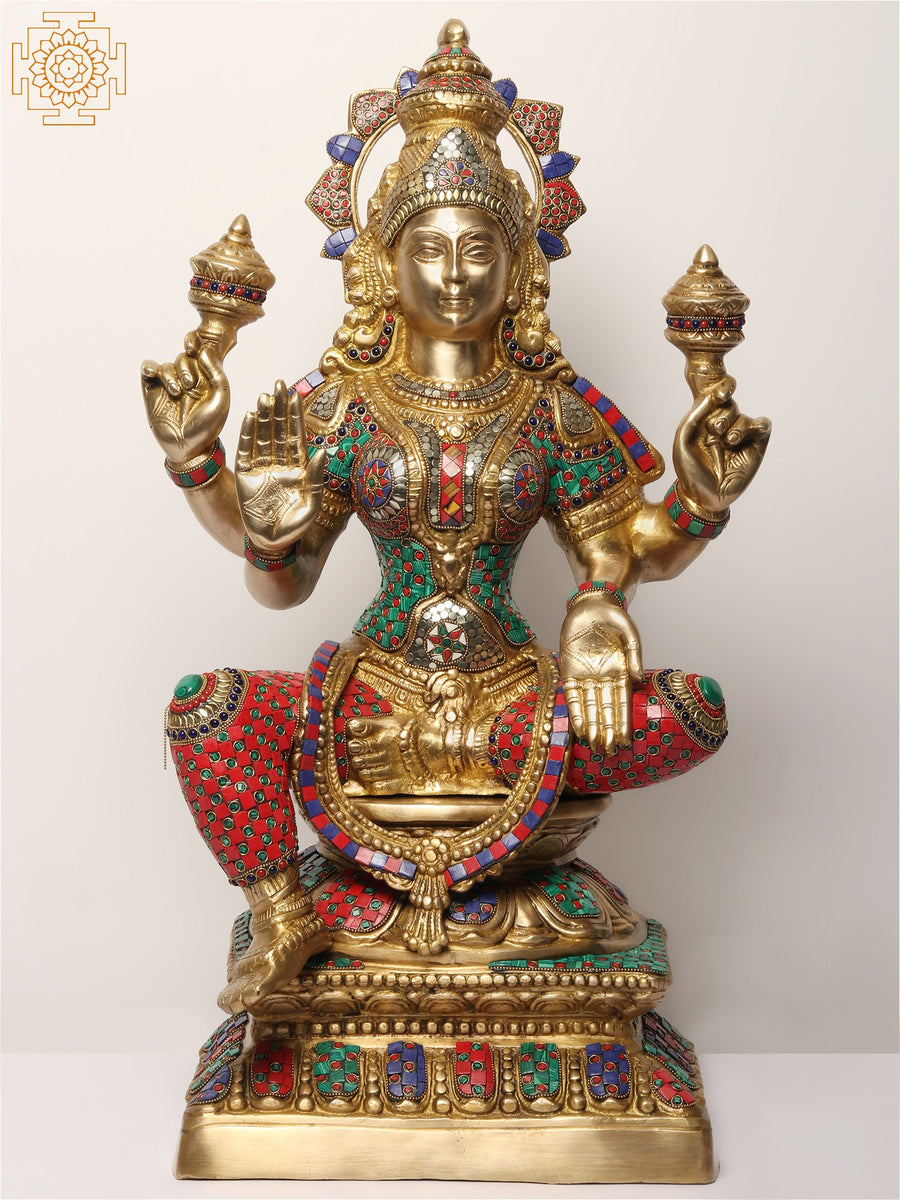 29" Four Armed Sitting Devi Lakshmi Brass Statue with Inlay Work