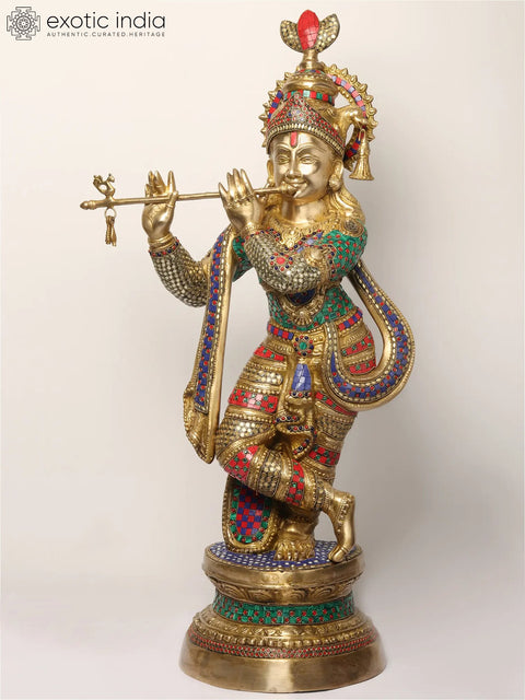36" Large Lord Krishna Statue Playing Flute | Brass with Inlay Work