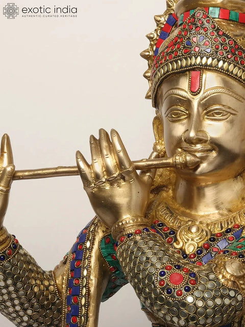 36" Large Lord Krishna Statue Playing Flute | Brass with Inlay Work