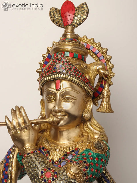 36" Large Lord Krishna Statue Playing Flute | Brass with Inlay Work