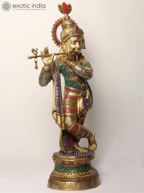 36" Large Lord Krishna Statue Playing Flute | Brass with Inlay Work