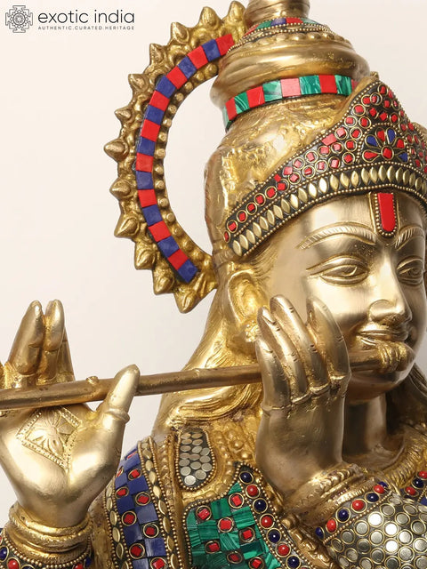 36" Large Lord Krishna Statue Playing Flute | Brass with Inlay Work