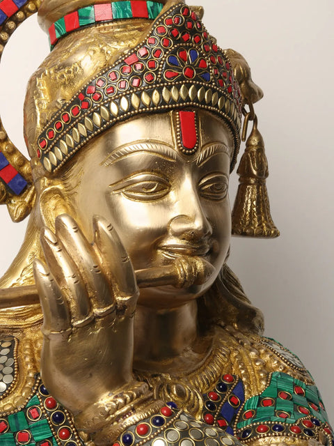 36" Large Lord Krishna Statue Playing Flute | Brass with Inlay Work