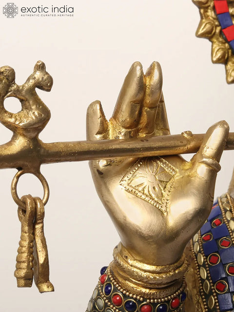 36" Large Lord Krishna Statue Playing Flute | Brass with Inlay Work