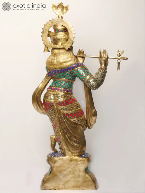 36" Large Lord Krishna Statue Playing Flute | Brass with Inlay Work