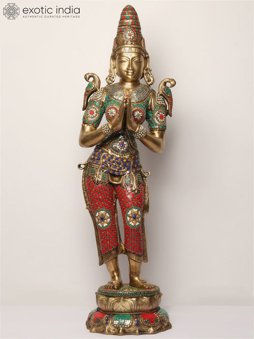 44" Brass Namaste Lady with Parrots Handmade Statue