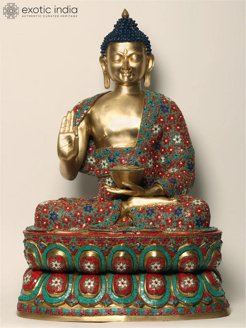 38" Large Buddha Statue in Vitark Mudra Brass with Inlay Work