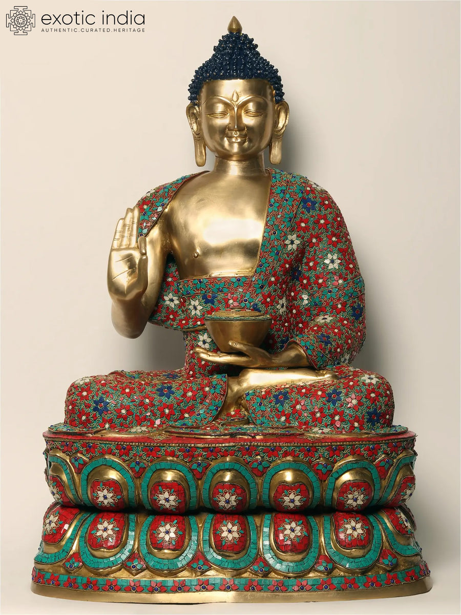 38" Large Buddha Statue in Vitark Mudra Brass with Inlay Work