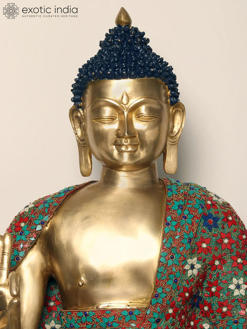 38" Large Buddha Statue in Vitark Mudra | Brass with Inlay Work