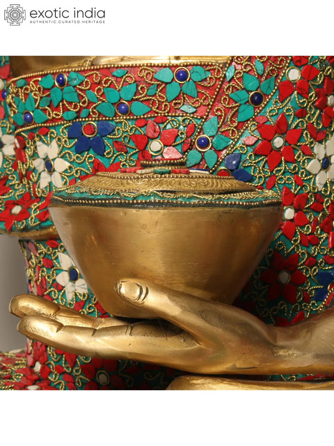 38" Large Buddha Statue in Vitark Mudra | Brass with Inlay Work