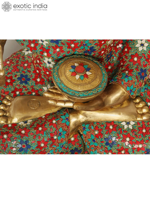 38" Large Buddha Statue in Vitark Mudra | Brass with Inlay Work