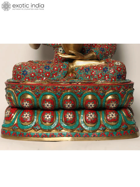 38" Large Buddha Statue in Vitark Mudra | Brass with Inlay Work