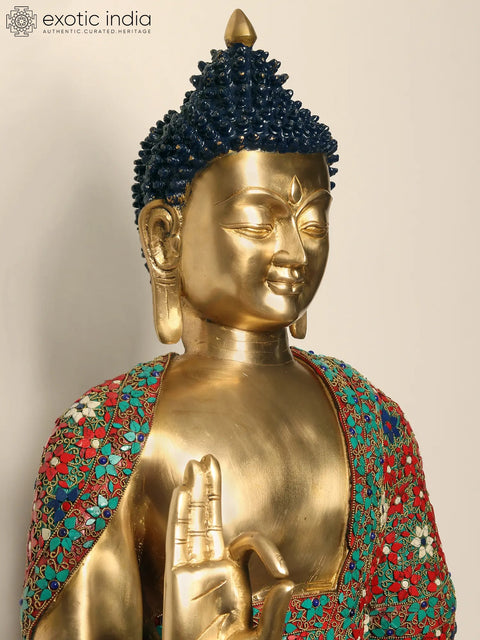 38" Large Buddha Statue in Vitark Mudra | Brass with Inlay Work