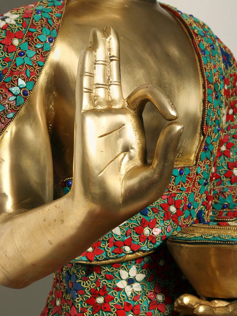 38" Large Buddha Statue in Vitark Mudra | Brass with Inlay Work