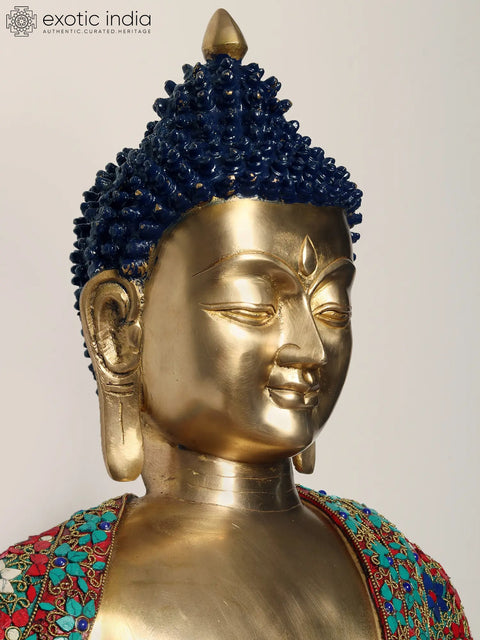 38" Large Buddha Statue in Vitark Mudra | Brass with Inlay Work
