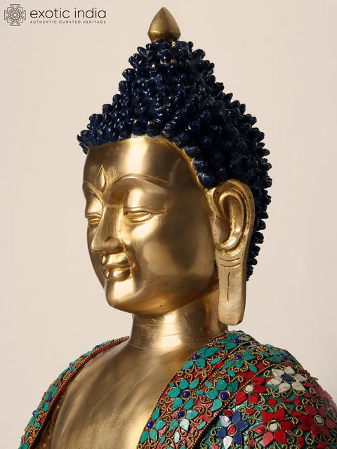 38" Large Buddha Statue in Vitark Mudra | Brass with Inlay Work