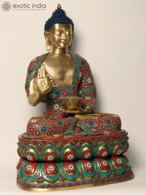 38" Large Buddha Statue in Vitark Mudra | Brass with Inlay Work