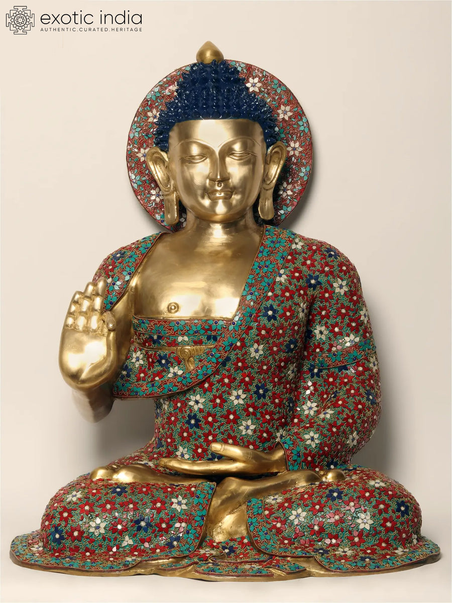 36" Large Sitting Buddha Vitark Mudra Brass Statue with Inlay