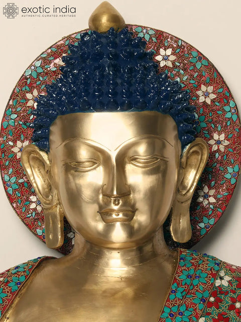 36" Large Sitting Lord Buddha in Vitark Mudra | Brass with Inlay Work