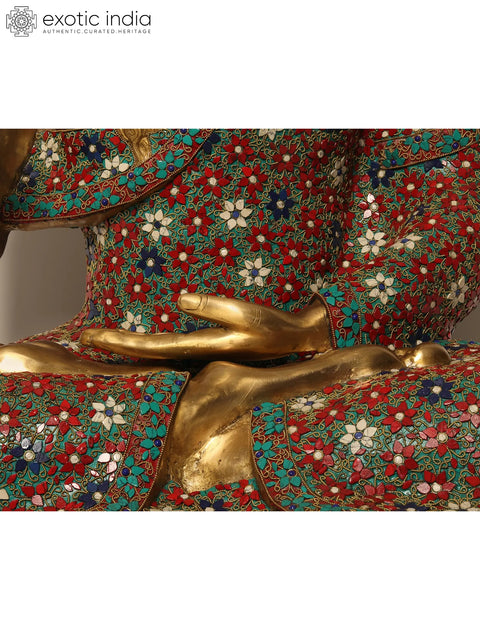36" Large Sitting Lord Buddha in Vitark Mudra | Brass with Inlay Work