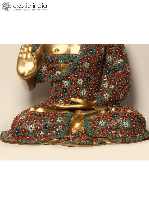 36" Large Sitting Lord Buddha in Vitark Mudra | Brass with Inlay Work