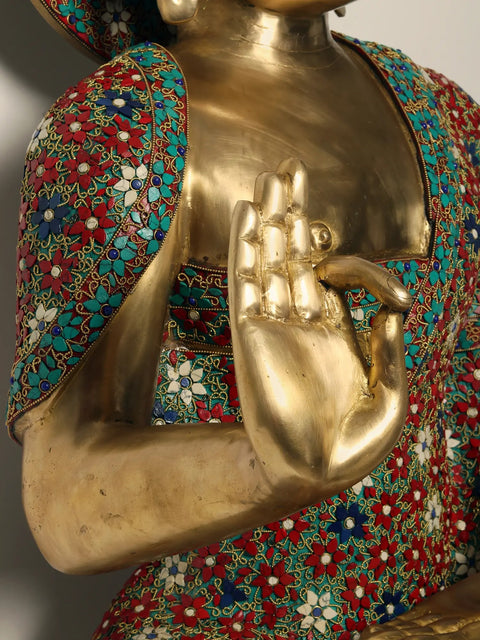 36" Large Sitting Lord Buddha in Vitark Mudra | Brass with Inlay Work