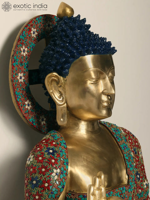 36" Large Sitting Lord Buddha in Vitark Mudra | Brass with Inlay Work