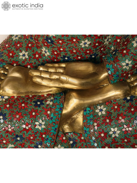 36" Large Sitting Lord Buddha in Vitark Mudra | Brass with Inlay Work