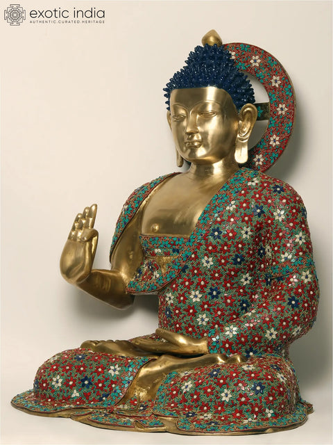 36" Large Sitting Lord Buddha in Vitark Mudra | Brass with Inlay Work