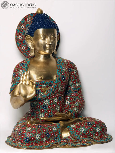 36" Large Sitting Lord Buddha in Vitark Mudra | Brass with Inlay Work