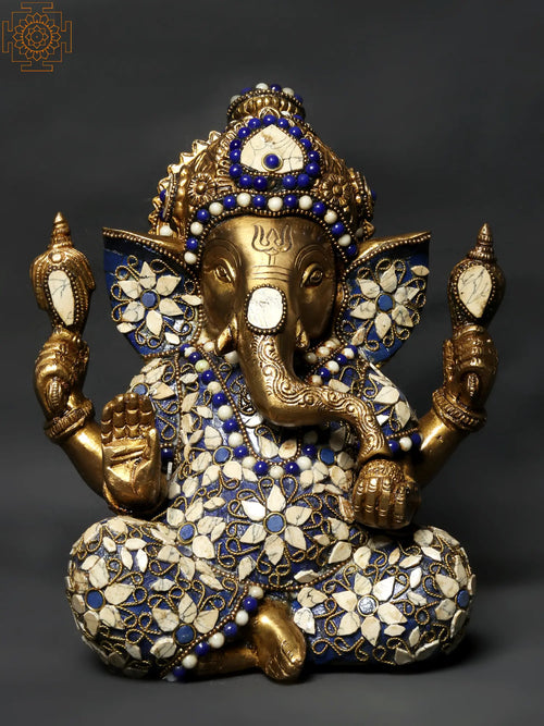 9" Blessing Lord Ganesha Brass Idol with Inlay Work Handmade