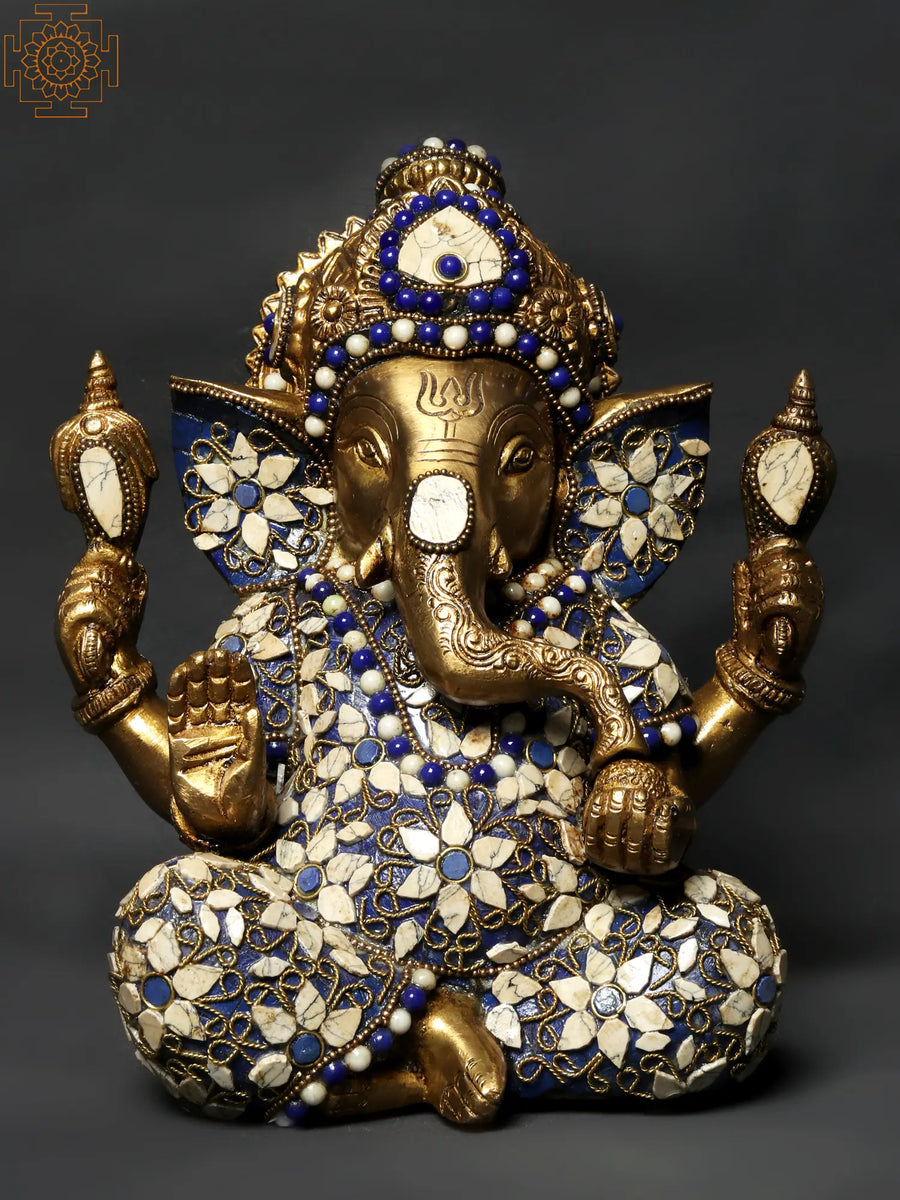 9" Blessing Lord Ganesha Brass Idol with Inlay Work Handmade