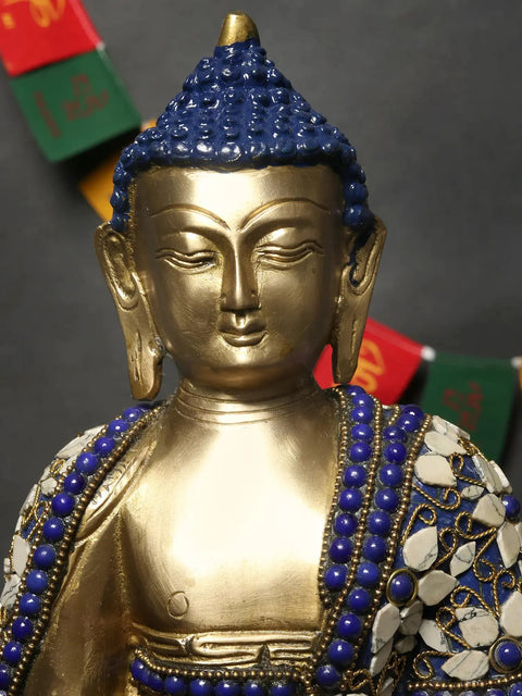 12" Lord Buddha in Bhumisparsha Mudra Brass Statue with Inlay Work