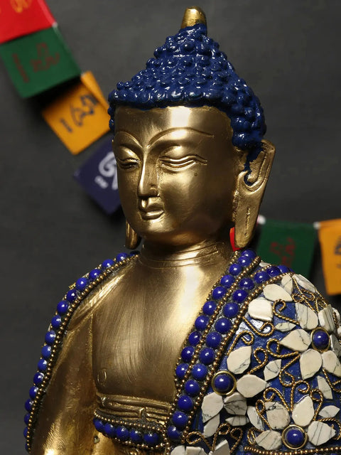 12" Lord Buddha in Bhumisparsha Mudra Brass Statue with Inlay Work
