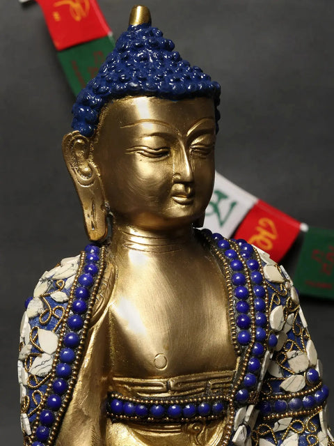 12" Lord Buddha in Bhumisparsha Mudra Brass Statue with Inlay Work