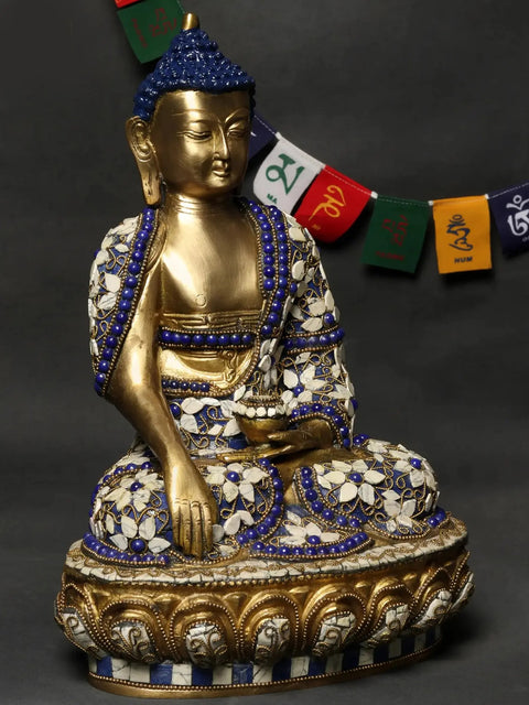 12" Lord Buddha in Bhumisparsha Mudra Brass Statue with Inlay Work