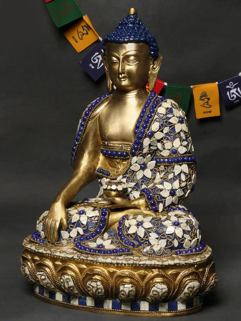 12" Lord Buddha in Bhumisparsha Mudra Brass Statue with Inlay Work