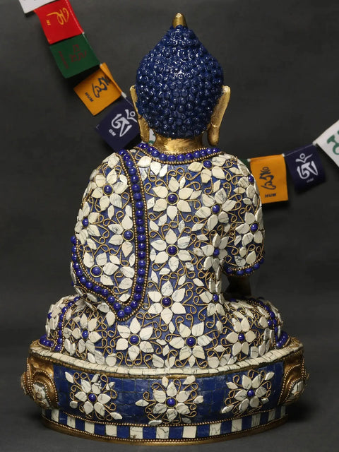 12" Lord Buddha in Bhumisparsha Mudra Brass Statue with Inlay Work