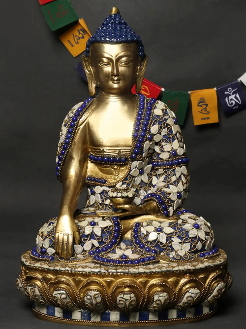12" Lord Buddha Bhumisparsha Mudra Brass Statue with Inlay Work