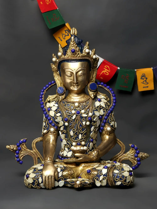 10" Tibetan Buddhist Crowned Buddha Brass Statue with Inlay