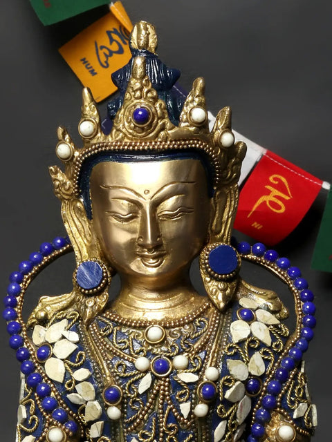 10" Tibetan Buddhist Crowned Buddha Brass Statue with Inlay Work