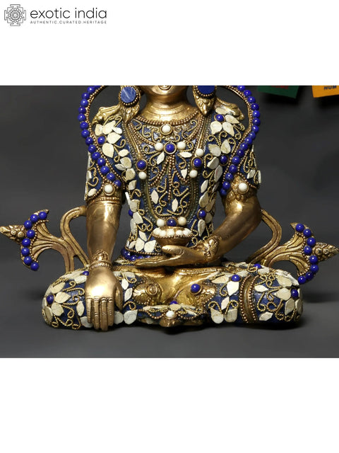10" Tibetan Buddhist Crowned Buddha Brass Statue with Inlay Work