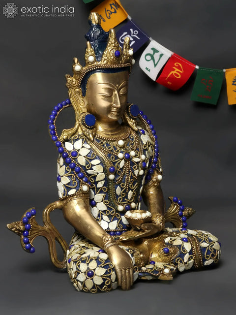 10" Tibetan Buddhist Crowned Buddha Brass Statue with Inlay Work