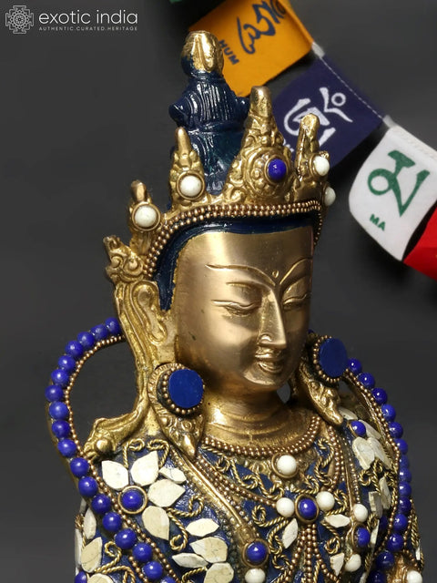 10" Tibetan Buddhist Crowned Buddha Brass Statue with Inlay Work